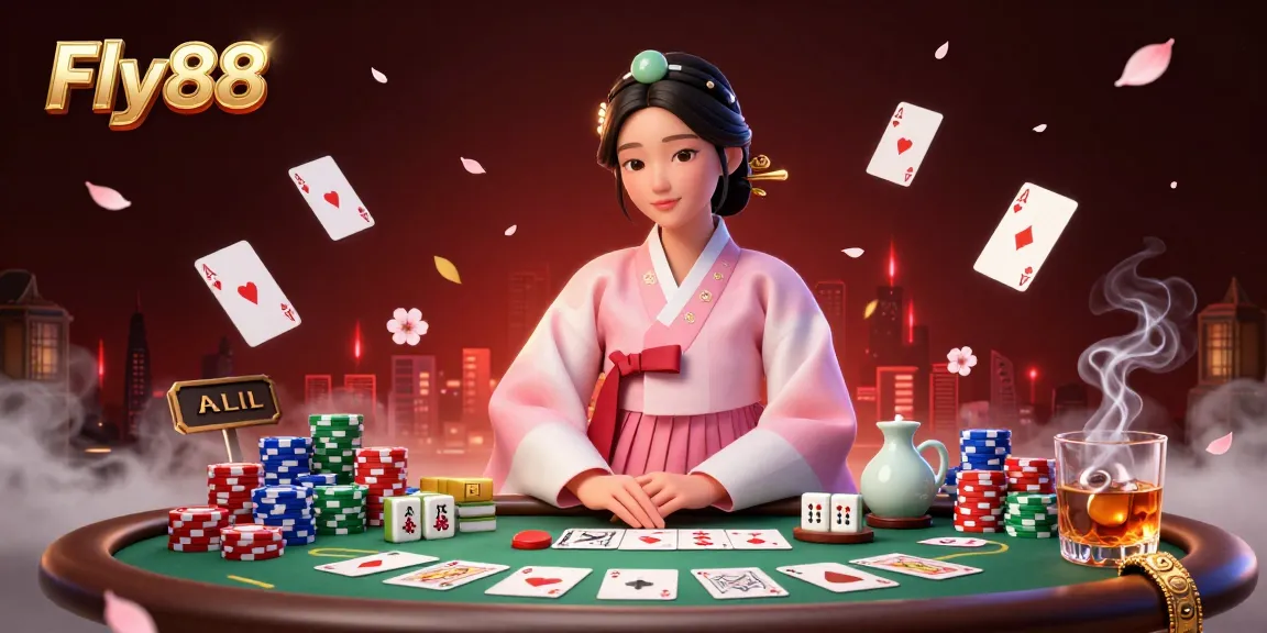 Experience the thrill of Fly88 with an elegant Asian woman amidst vibrant poker elements in a serene atmosphere.