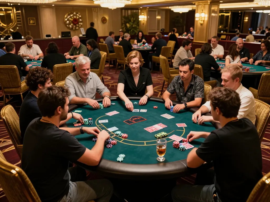 Players strategizing at a VIP poker table in a luxury casino, showcasing ta888 high-stakes gameplay atmosphere