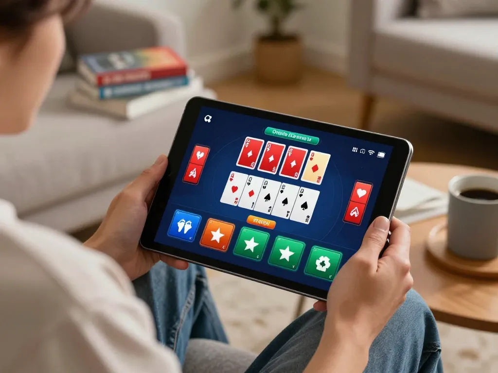 Player enjoying kkwin online blackjack on tablet in cozy home setting.