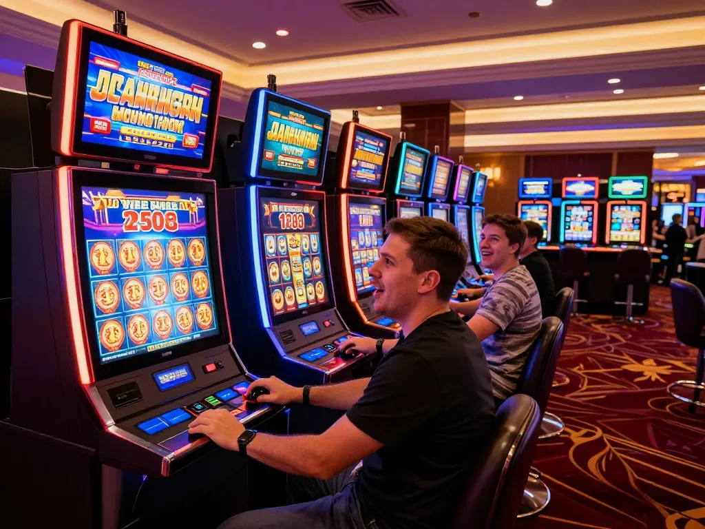 Sunwin slot machine players celebrating wins in a vibrant casino atmosphere, showcasing intense gameplay.