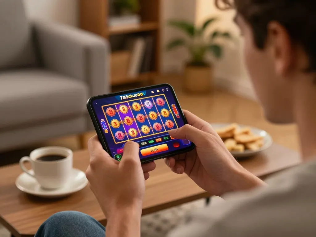 Enjoying the 789clubgo mobile app with vibrant slot graphics in a cozy home.