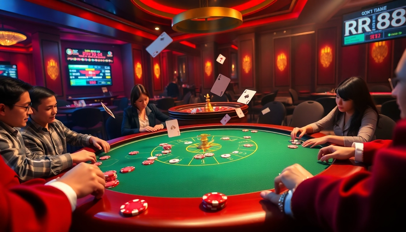 RR88 poker table scene showcasing vibrant poker chips and excited players in an elegant casino setting.