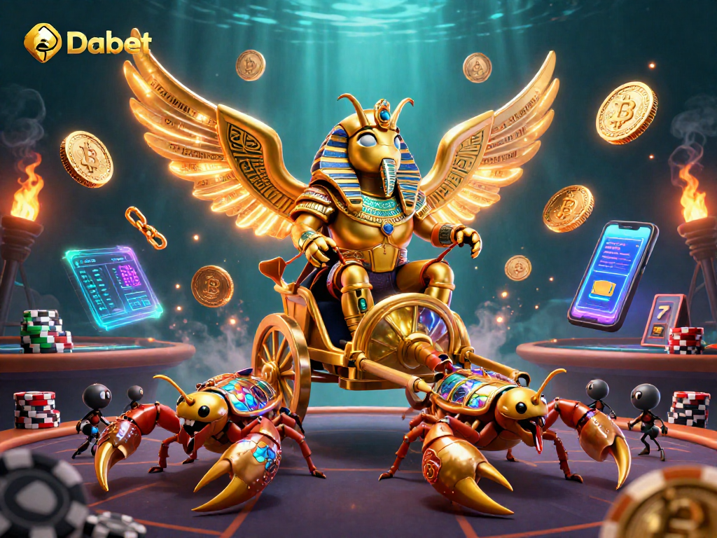Dabet showcases an immersive gambling world with a colossal golden scarab and vibrant casino elements.