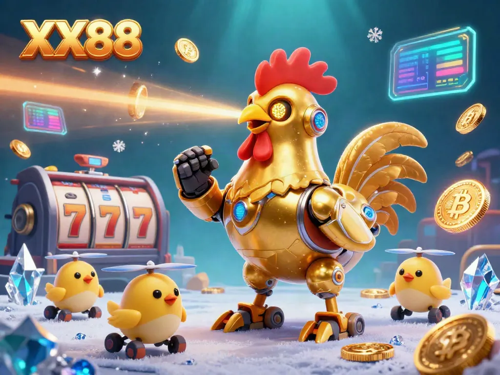 Experience the thrill of XX88 with a vibrant scene featuring a futuristic golden rooster robot in an online casino.