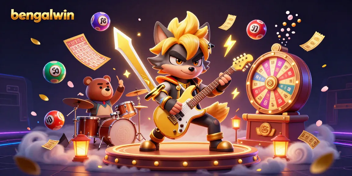 Bengalwin engages players with an electrifying 3D casino scene featuring a rock star wolf and vibrant gaming elements.