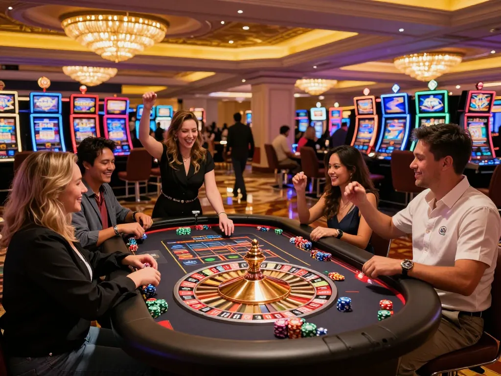Players at a Sunwin roulette table celebrate their wins amidst vibrant casino lights.