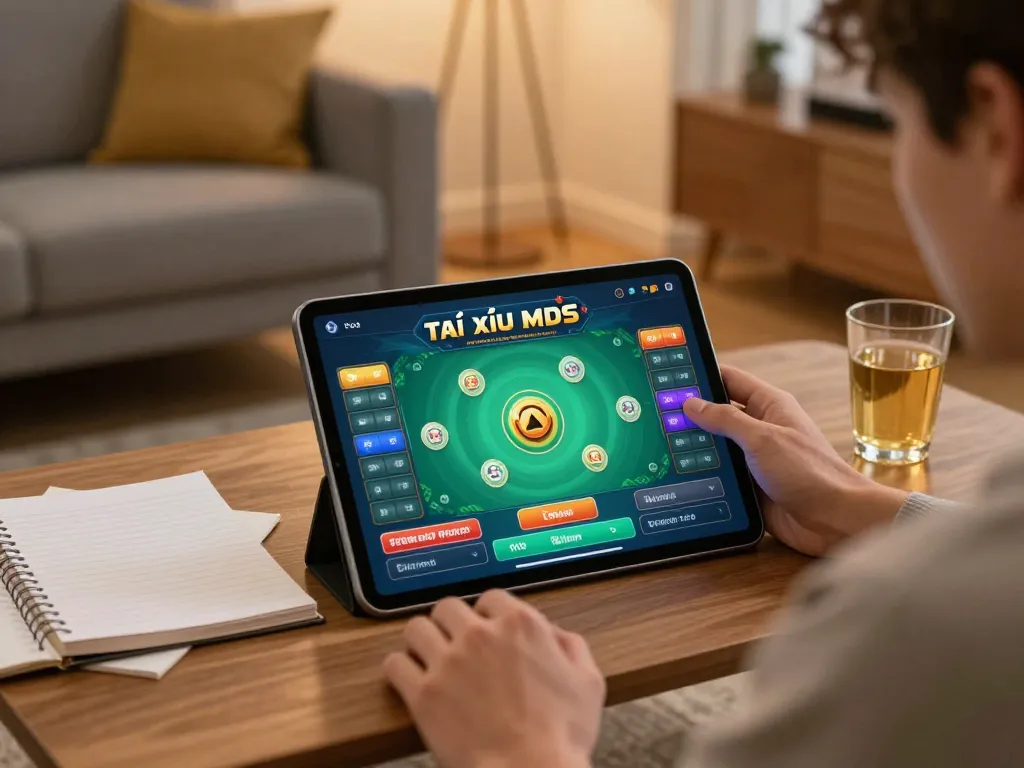 Player enjoying a strategic session of tài xỉu md5 on a tablet in a cozy home setting.