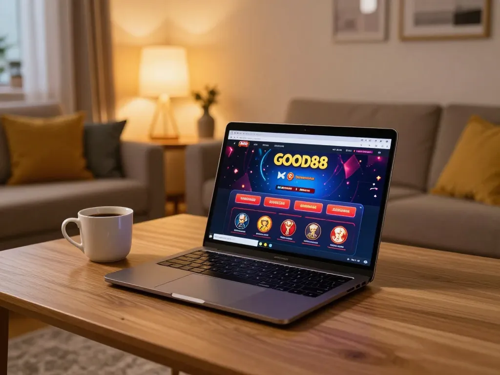 Engaging in online gambling at GOOD88 from a stylish home setup with laptop and coffee.