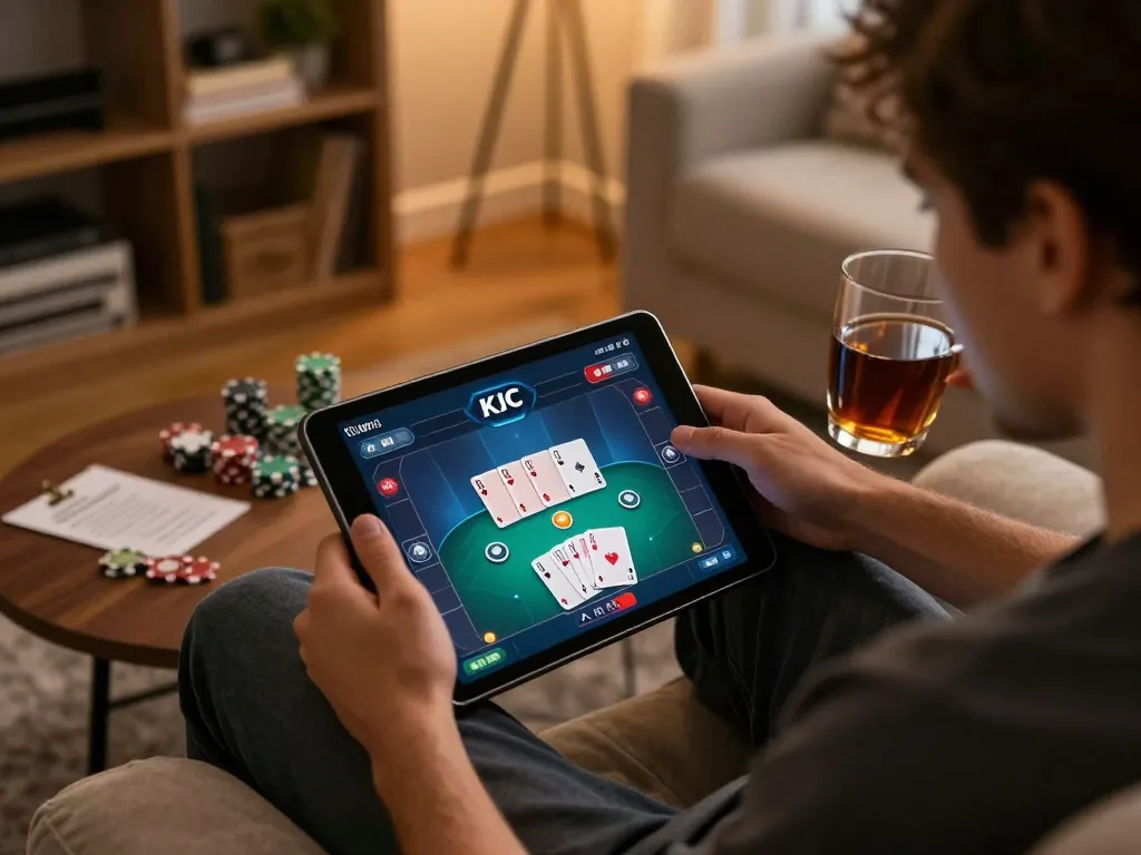KJC online poker game on a tablet showcasing a player’s focused engagement and cozy home setting.