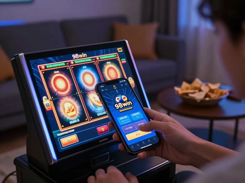 Player spins the reels on the 98win mobile app in a relaxed living room.