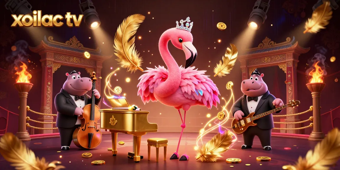 Xoilac TV provides thrilling gambling action with a lively flamingo and hippo duo, showcasing vibrant casino elements.