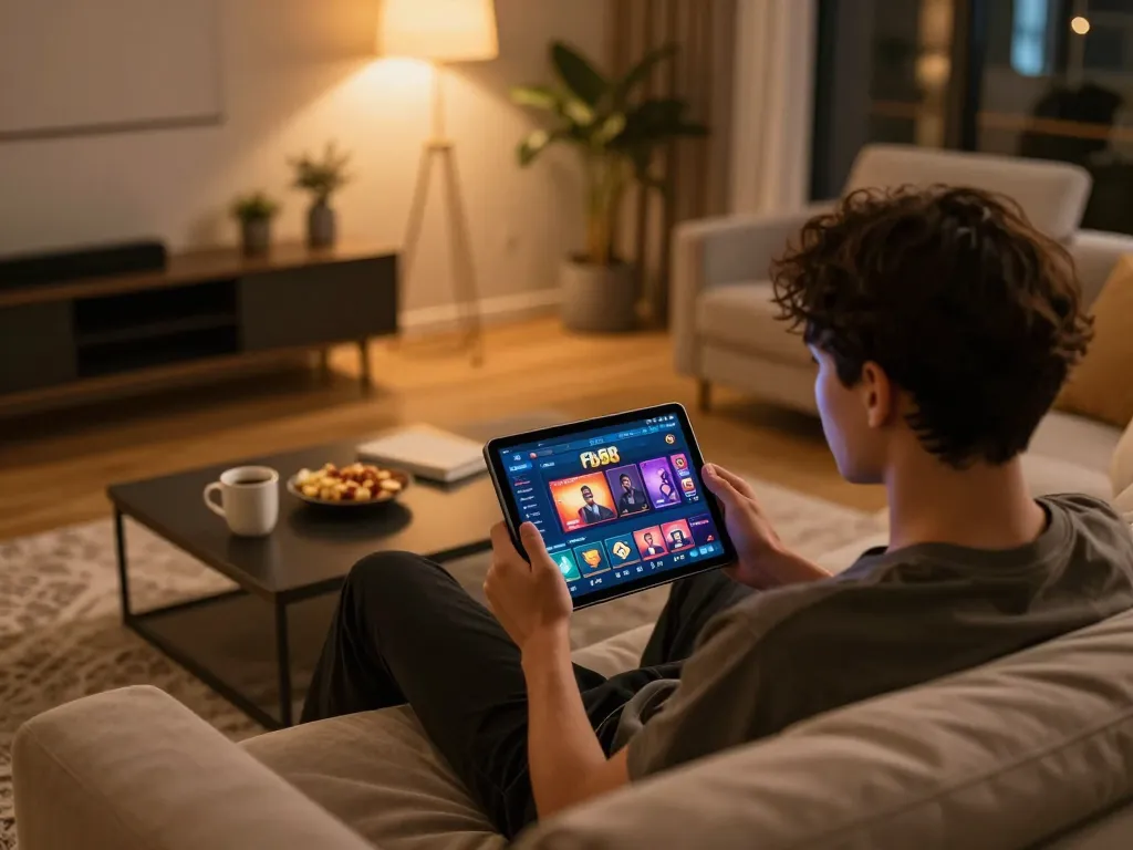 Engaging online gaming scene with a player using the fb88 tablet for dynamic casino gaming.