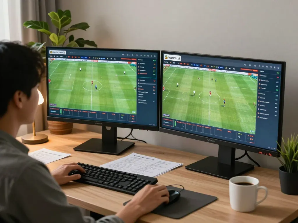 Person evaluating keonhacai odds while betting on football with dual monitors