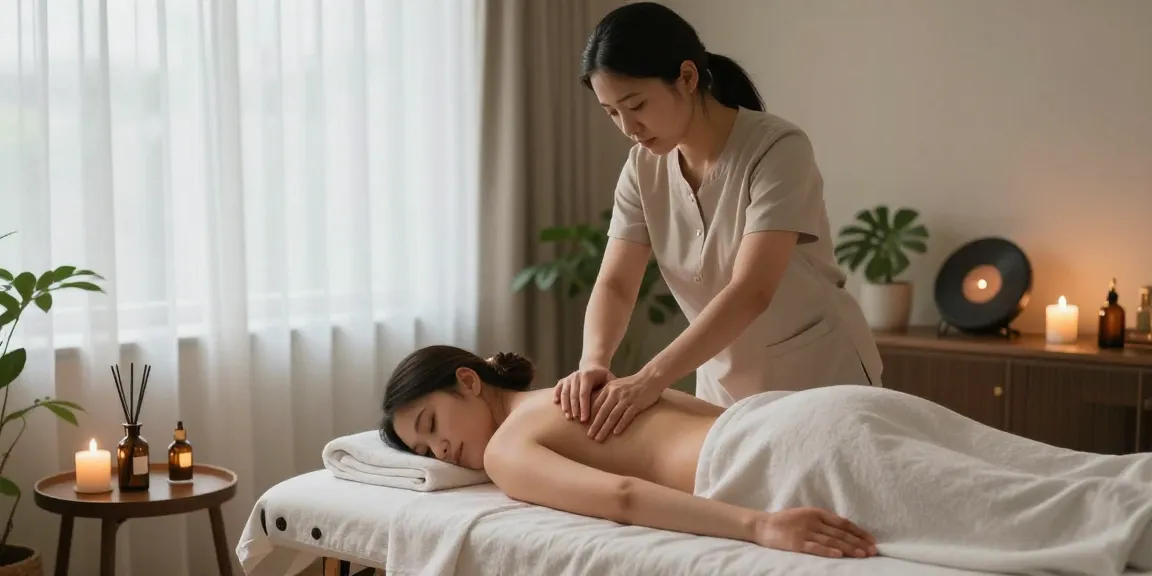 Rejuvenating 동작구출장안마 experience with a tranquil home massage setup, soft lighting, and essential oils.