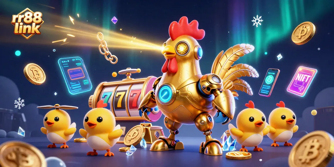 Engage with RR88 link for thrilling casino adventures featuring golden rooster robot and crypto coins.