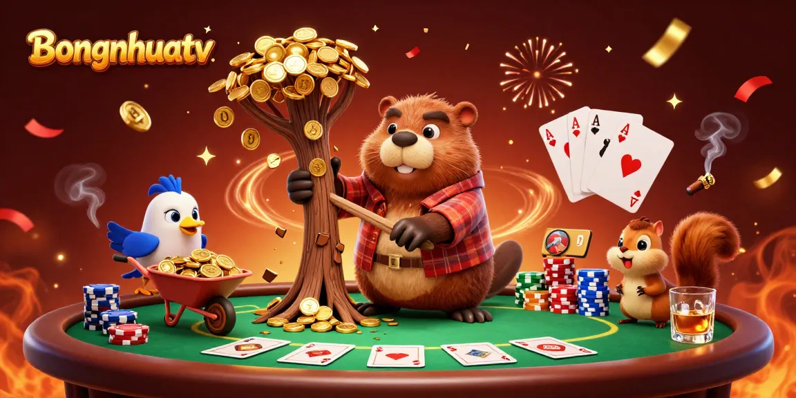 Bongnhuatv showcases a lively scene with a cartoon beaver at a poker table, collecting coins amidst gold confetti, illustrating vibrant gambling action.