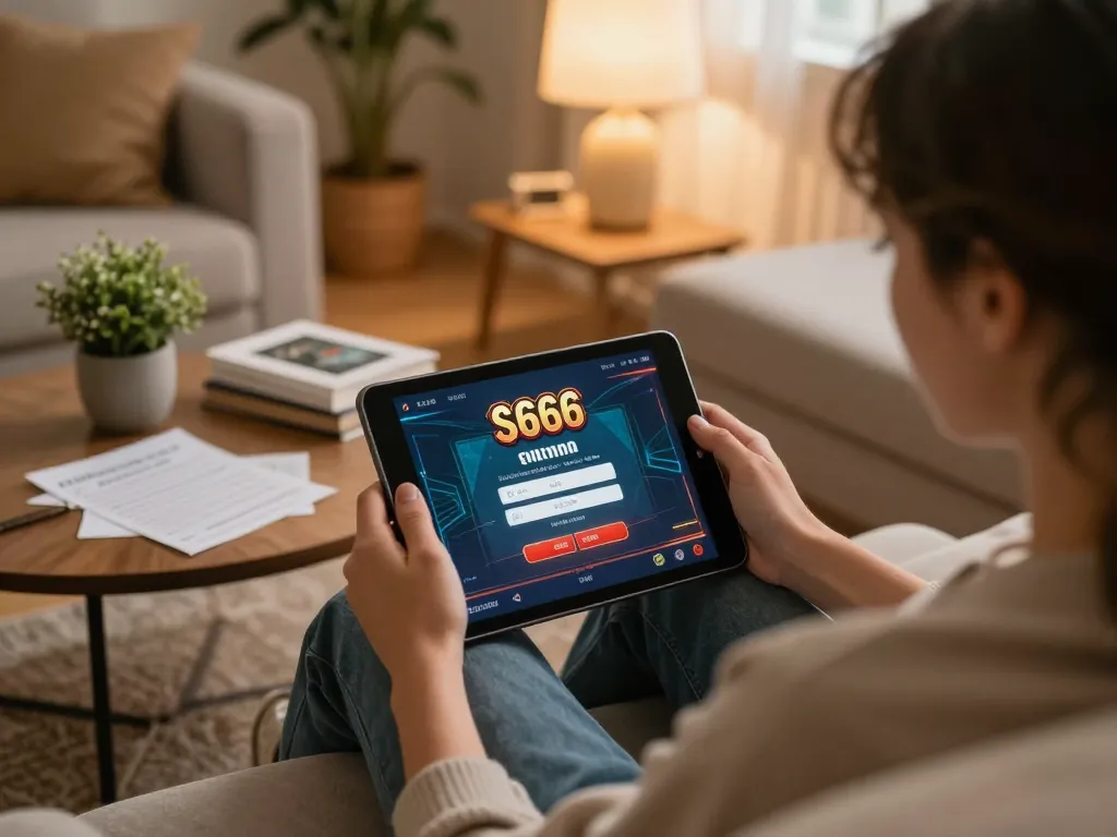 S666 đăng nhập on a tablet while enjoying responsible online gambling in a cozy home setting.