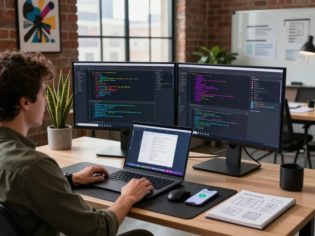 Developer using moltbot as a personal AI assistant in a modern workspace with dual monitors and collaborative environment.