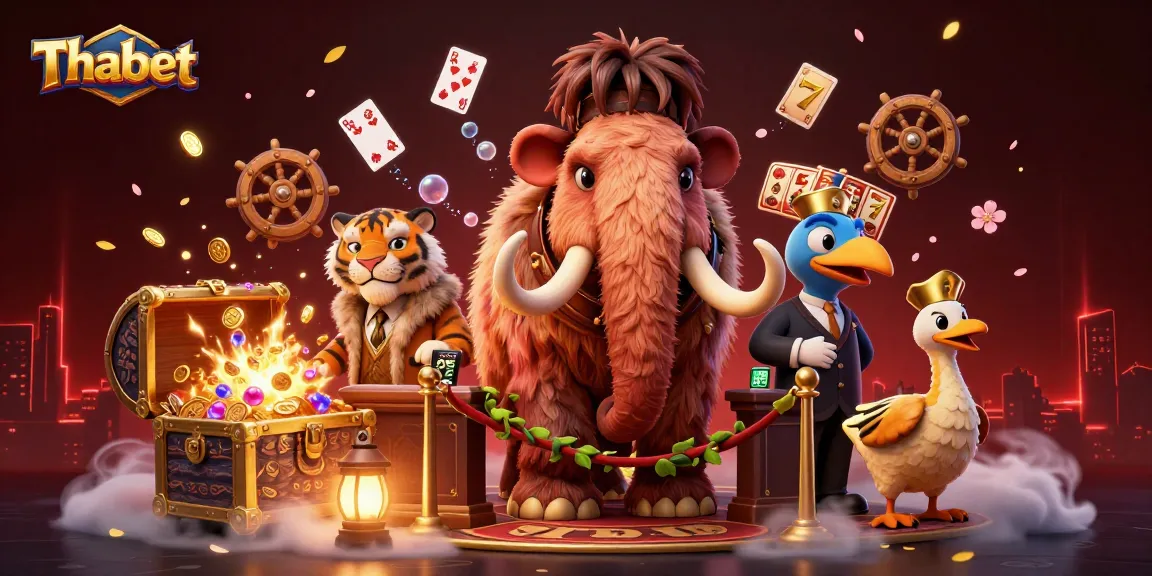 Thabet's vibrant casino scene featuring a woolly mammoth bouncer, VIP saber-toothed tiger, and playful dodo bird doorman.