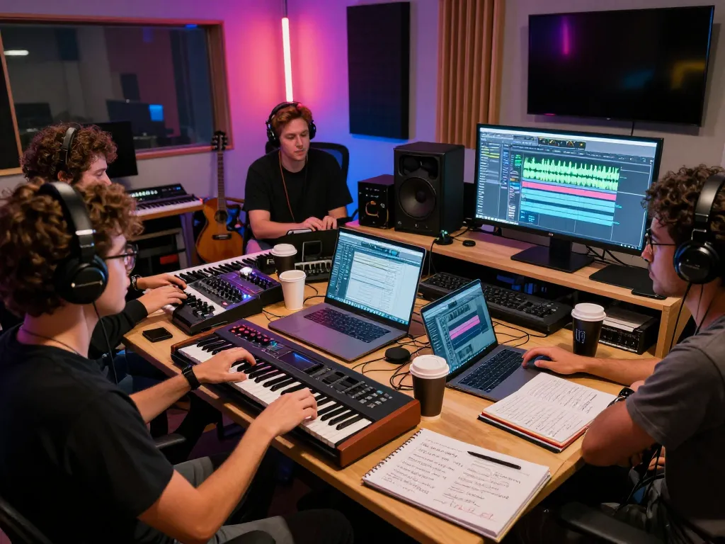 Collaborative music production scene by 8Day with diverse artists creating electronic tracks.