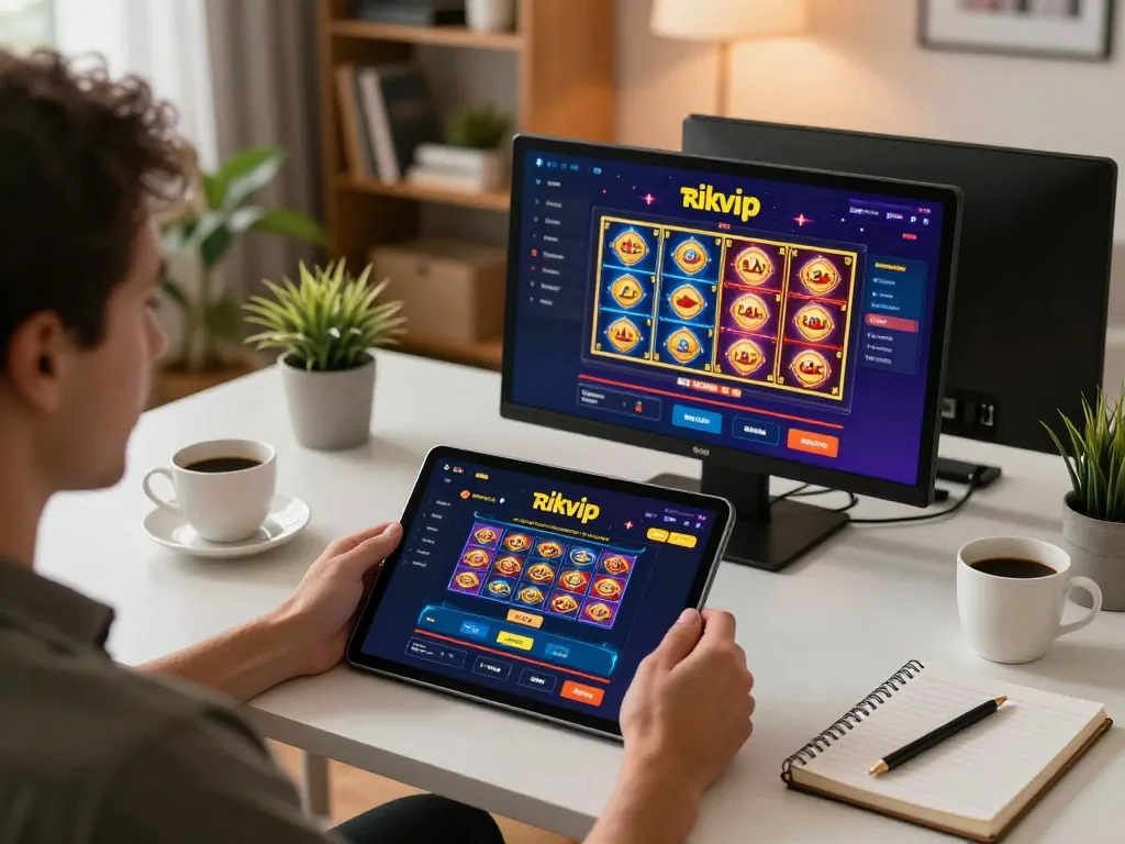 Person enjoying rikvip online gaming on tablet with strategy notes and cozy atmosphere