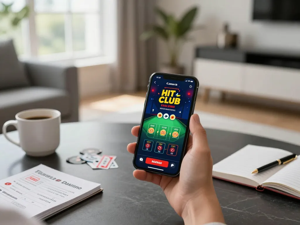 Engaging with the HIT CLUB casino app on a smartphone during online blackjack gameplay.