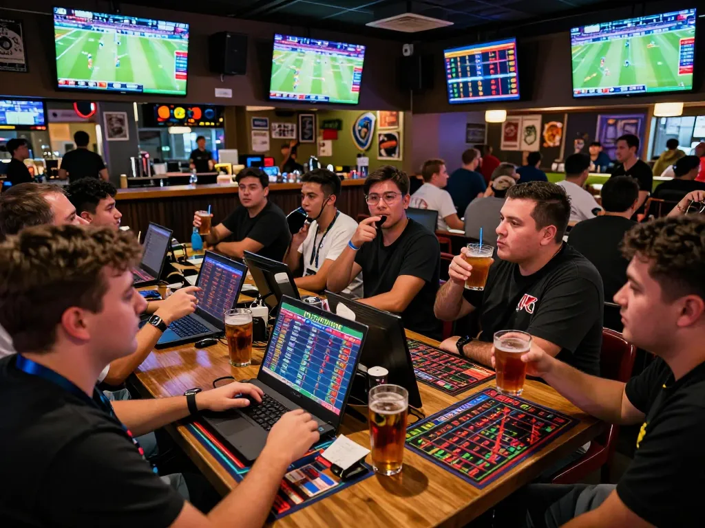 Engaged crowd cheering at a sports betting event showing tỷ lệ kèo nhà cái hôm nay on screens
