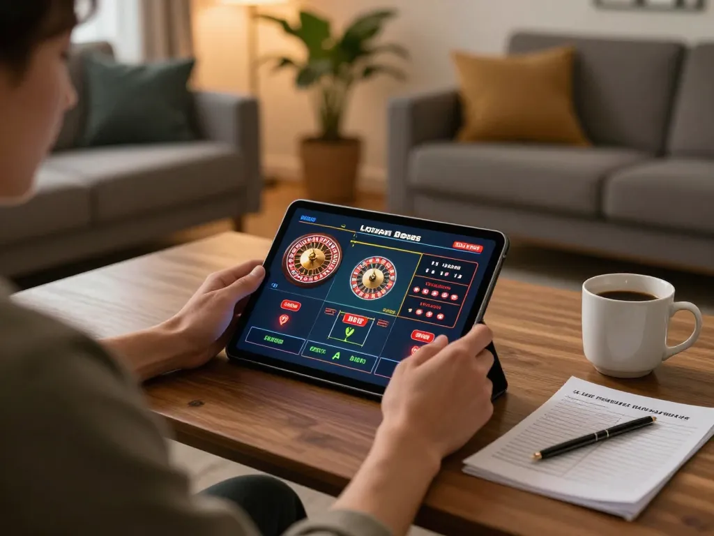 Engaging with live casino games on https://99win.actor/ in a cozy home setting with a tablet.
