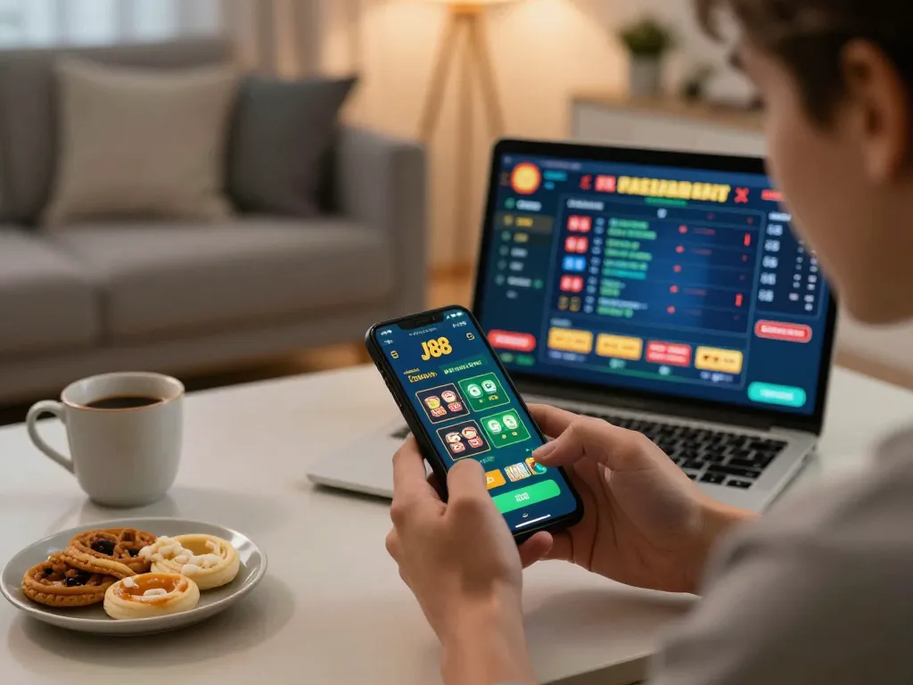 Placing bets on the J88 mobile app during a cozy home gaming session.