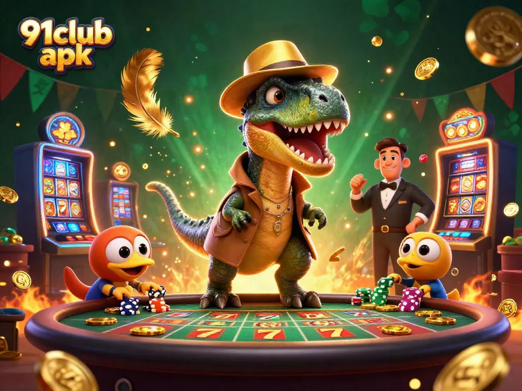 Engage with exciting games using the 91club apk in a vibrant casino environment featuring animated characters.