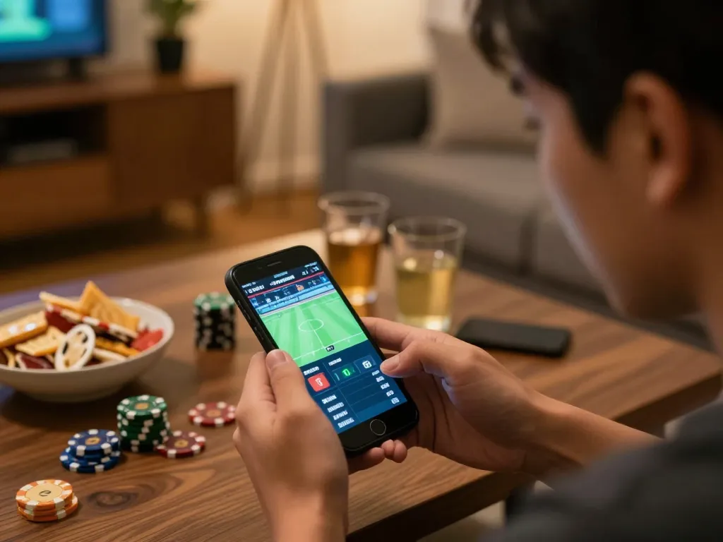 Person placing bets on keonhacai5 using smartphone during live sports event