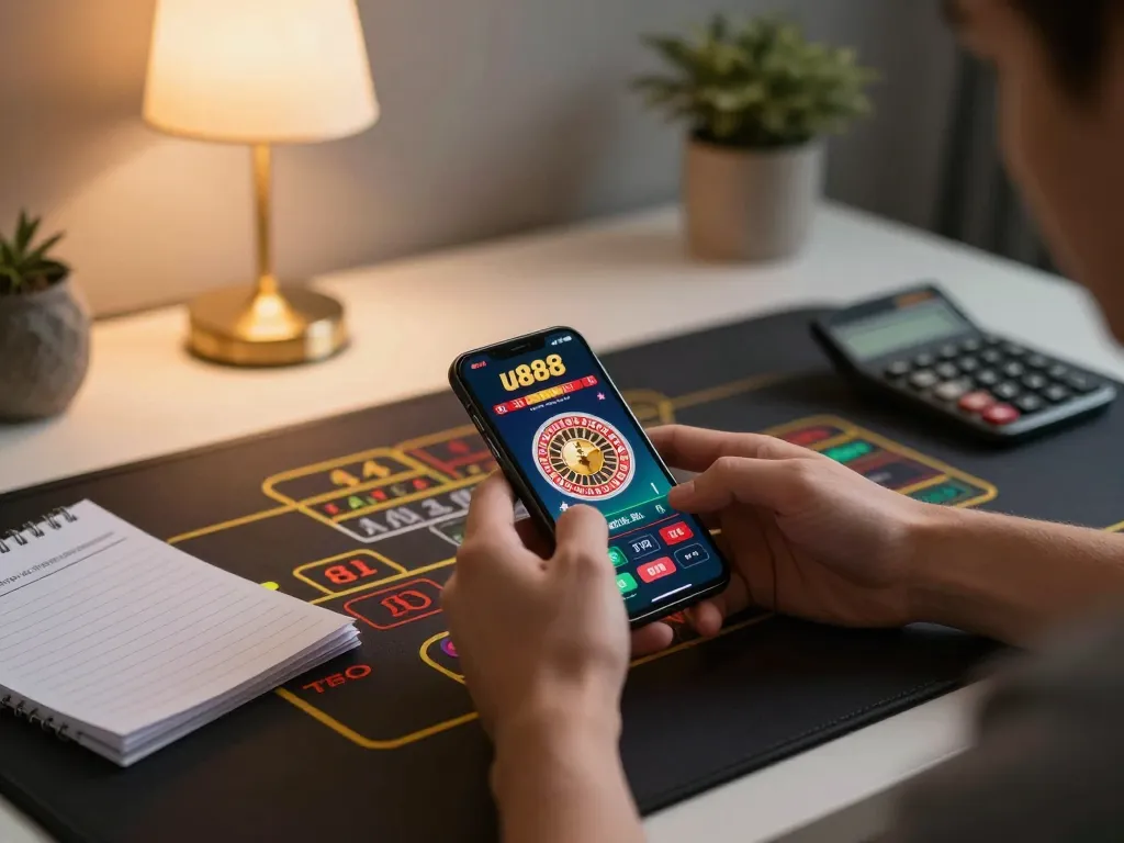 Player engaging with u888 casino app's roulette game, showcasing strategic betting in a cozy home setup