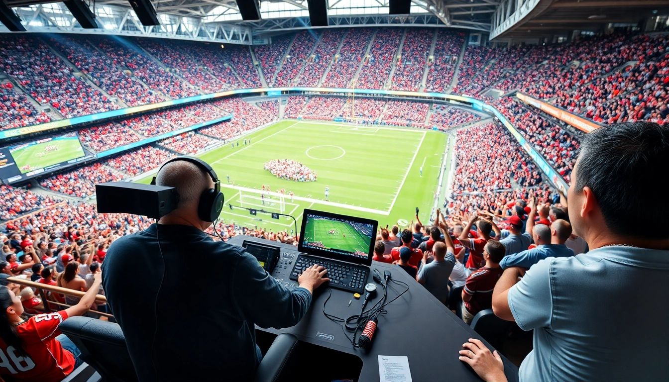 Captivating sports broadcasting scene with a professional commentator amidst cheering fans.