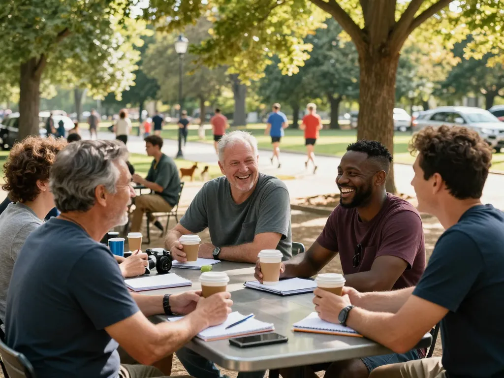 ManClub gathering of men sharing experiences and support in a park.