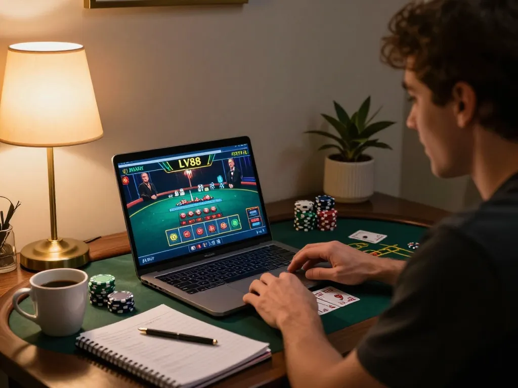 Player engaged in a thrilling online casino session with LV88 on a laptop, showcasing focus and strategy.