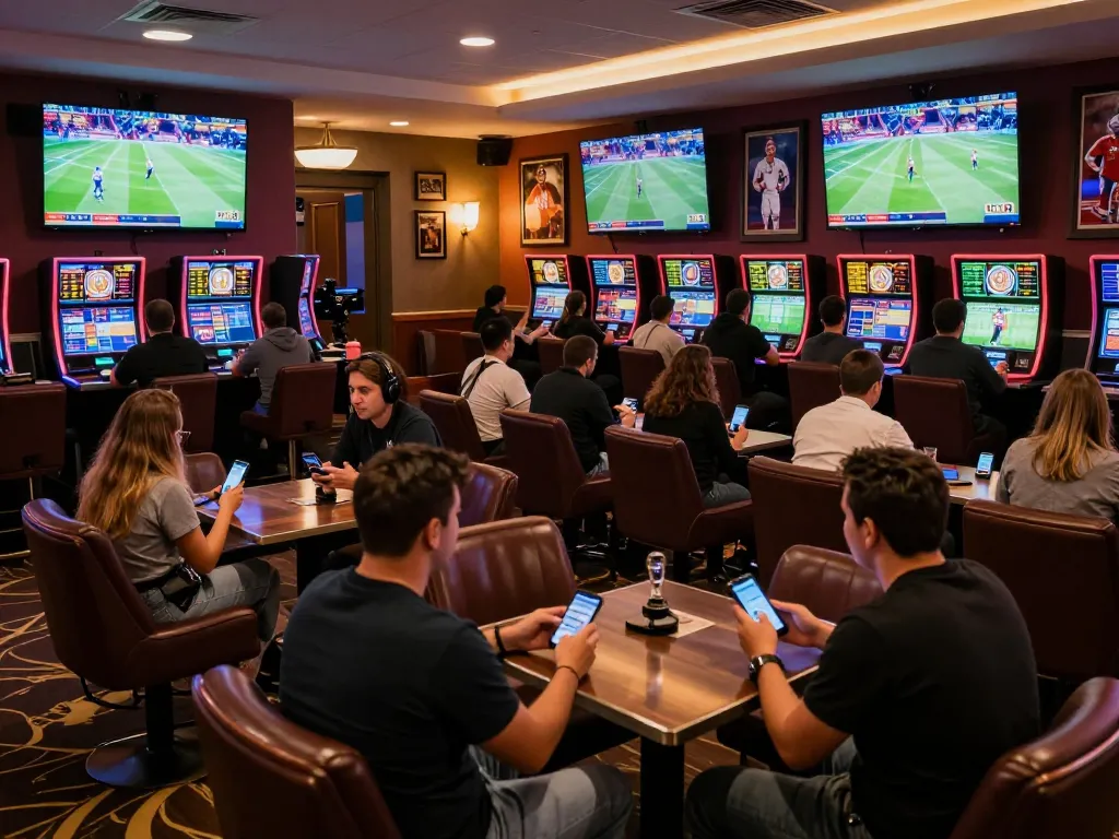 Kèo nhà cái dynamic sports betting lounge with fans placing wagers on live games.