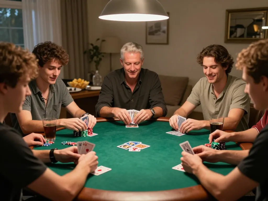 WinWin enthusiasts enjoying a lively poker game at home, showcasing camaraderie and excitement.