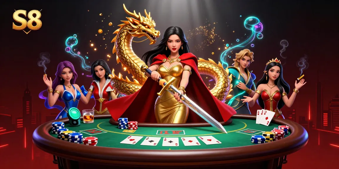 Experience thrilling poker action with S8 at this luxurious casino scene featuring a warrior queen and golden dragon.