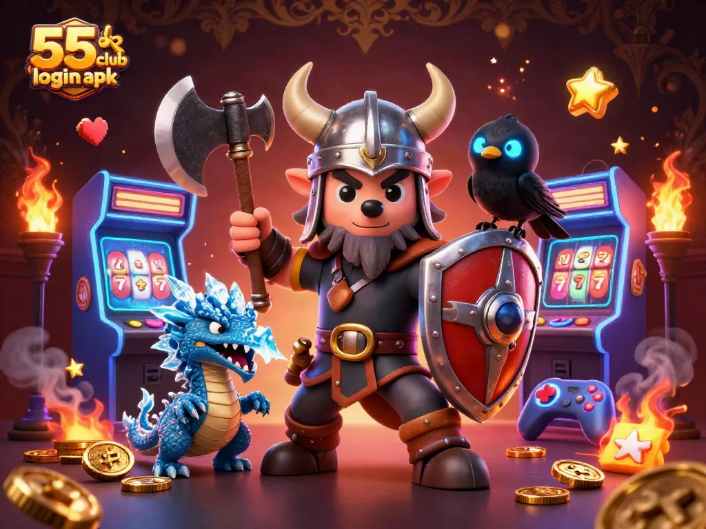 Engage with thrilling action in the 55 club login apk illustration featuring a Viking wolf warrior and dragon in a vibrant casino scene.