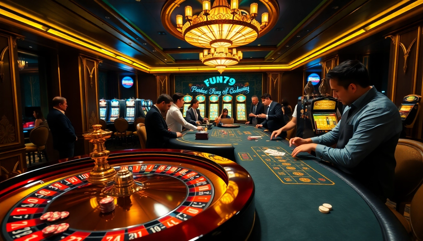 Players enjoying thrilling games at a vibrant fun79 casino, featuring roulette and blackjack tables.