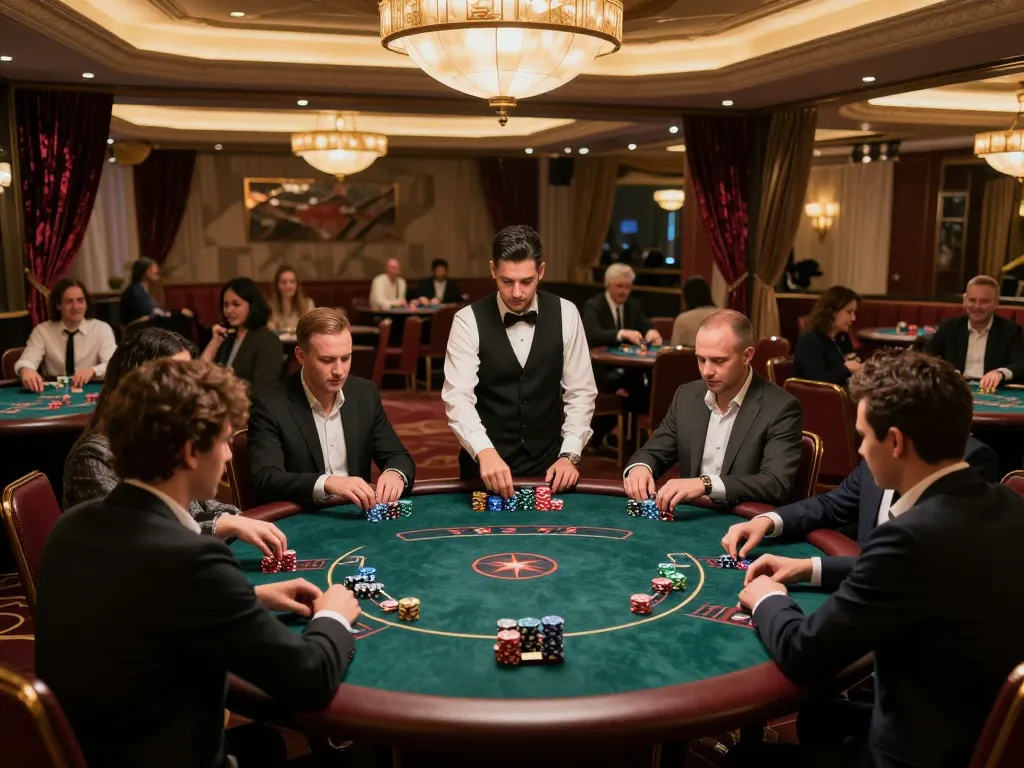 gbong players engaged in high-stakes poker at a luxurious casino table, showcasing intensity and excitement