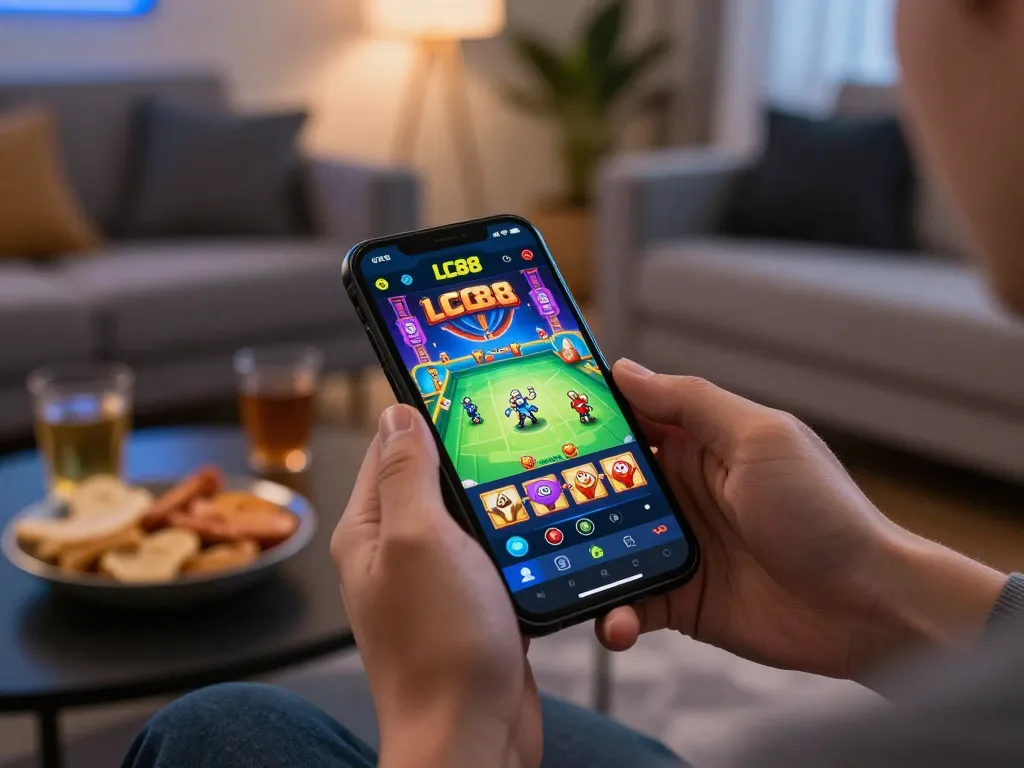 Engaging in LC88 online casino gaming on a smartphone in a cozy home setting.