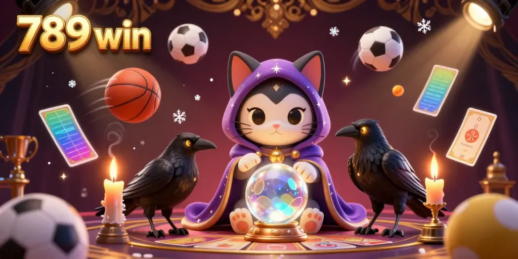 Engage with 789 win in a vibrant, dynamic gaming scene full of sports elements, fortune tellers, and mystical effects.