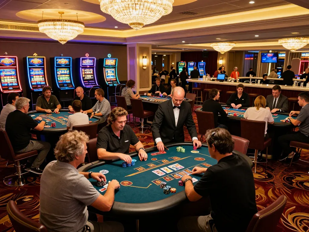 lc88 players enjoying thrilling games at an elegant casino floor with a lively atmosphere