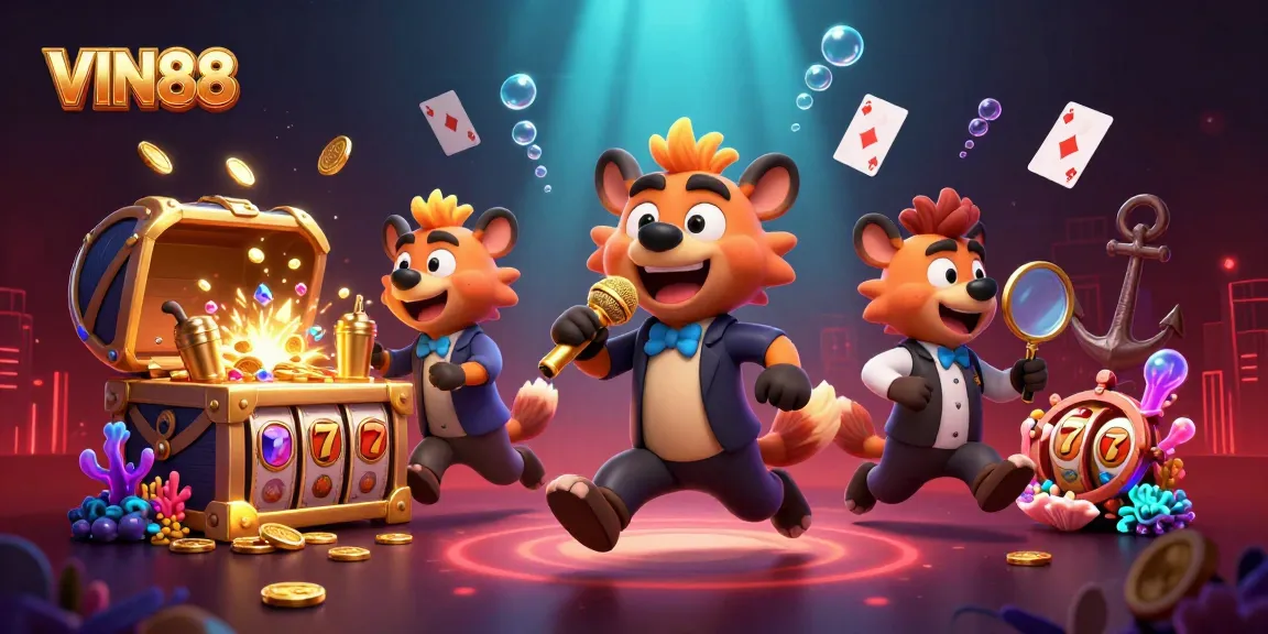 VIN88 showcases a vibrant casino scene with cartoon hyenas in a comedy club setting, engaging in playful antics.