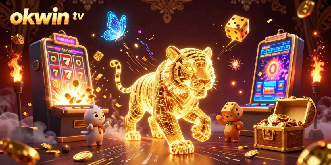 Join the action at okwin tv with a neon golden tiger amidst a vibrant casino scene full of jackpots.