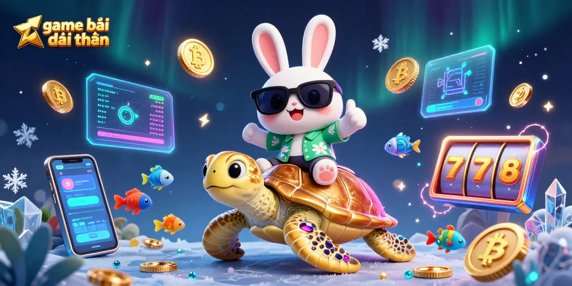 Game bài đổi thưởng illustrated with a lucky rabbit and sea turtle amidst crypto coins and spinning slot reels.