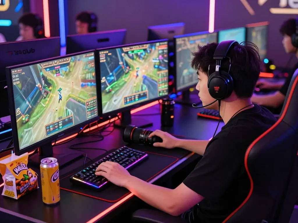 Gamer enjoying action-packed gameplay on 789club platform with vibrant LED lights and gaming setup.