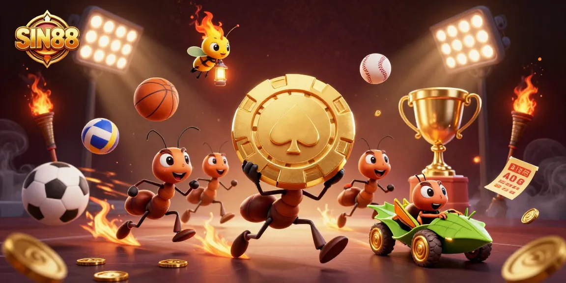 SIN88: Ants embark on a thrilling heist with a golden poker chip amidst dynamic sports elements.