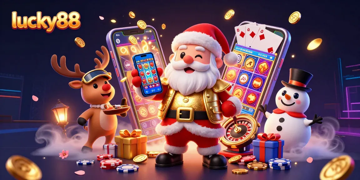 Experience gaming excitement with lucky88 illustrated by Santa, reindeer dealer, and poker chip snowman.